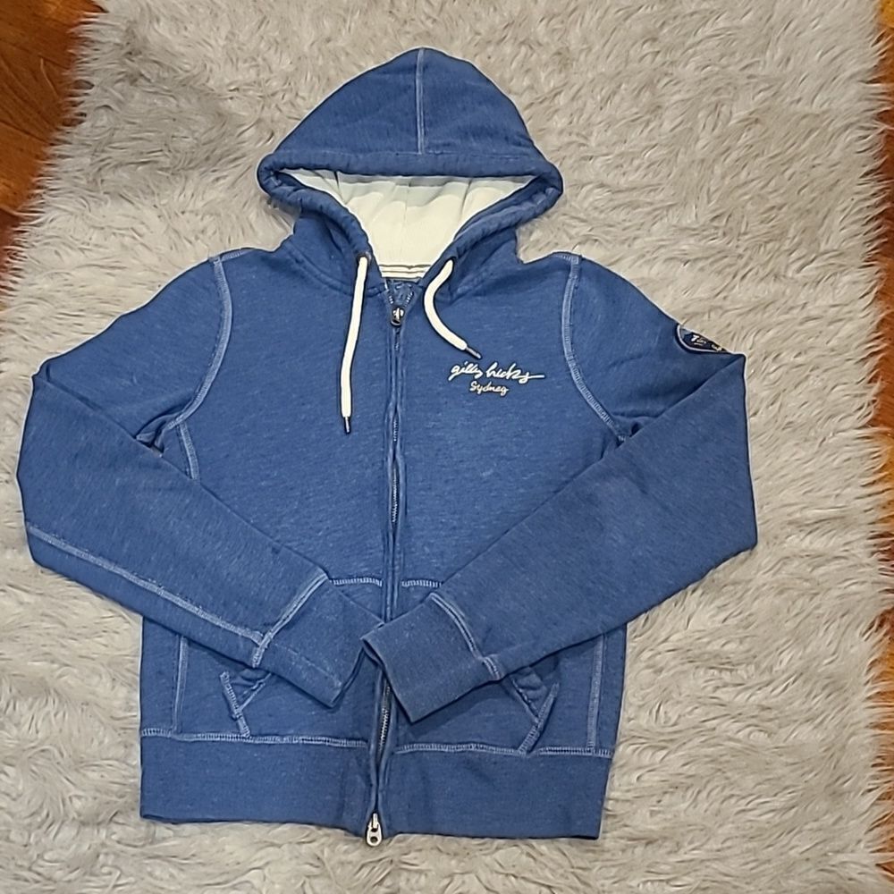 Gilly hicks blue and‎ white heavy cotton logo zip up hooded sweatshirt